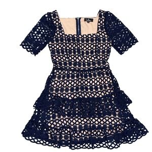 Lulus Just Lovely Darling Navy Blue Crochet Lace Tiered Mini Dress Square Neck S